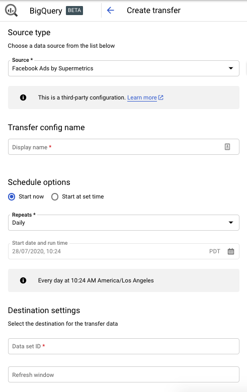 Google Big Query interface showing the Create Transfer form and necessary settings