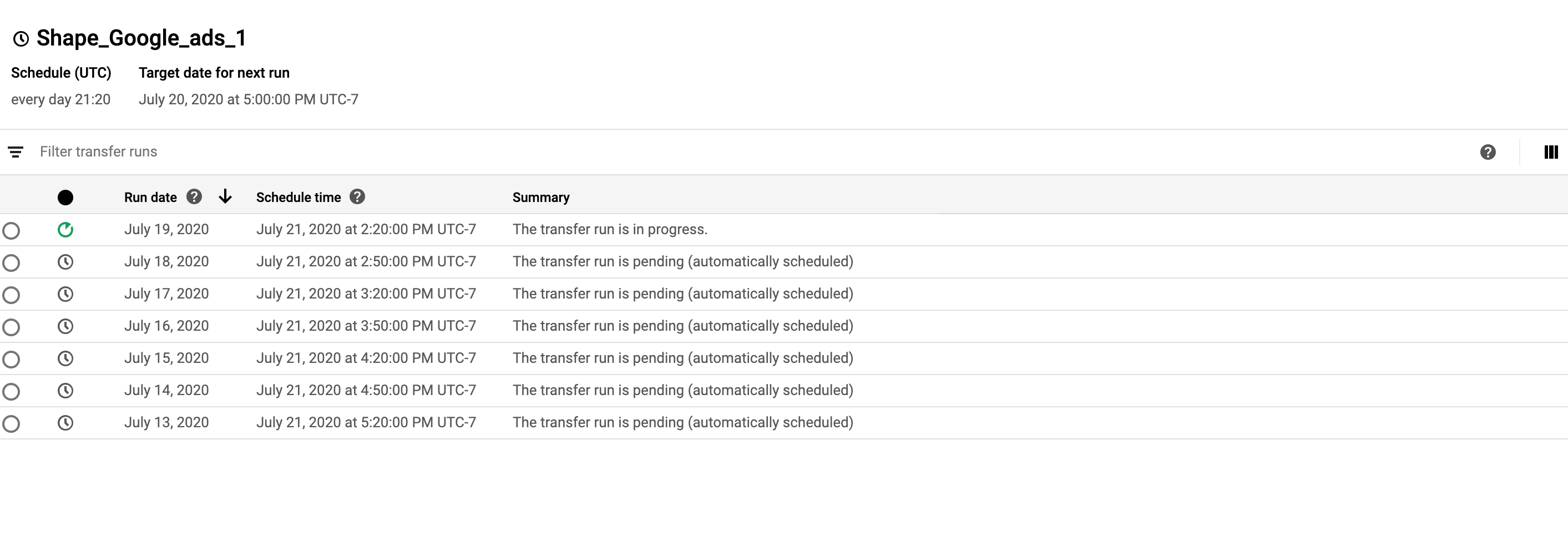 Screenshot of table showing Google Ads data transfers to Google BigQuery including run date, schedule time, and status
