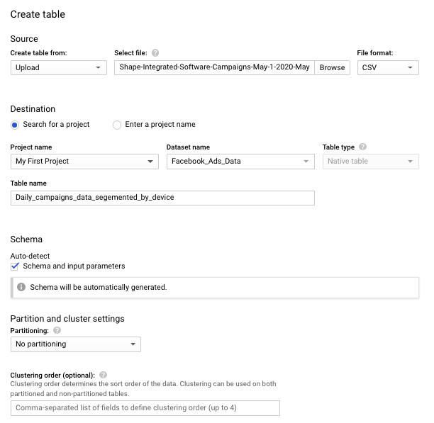 Google BigQuery form to create a table. It shows the inputs needed to create a data table for Facebook Ads data