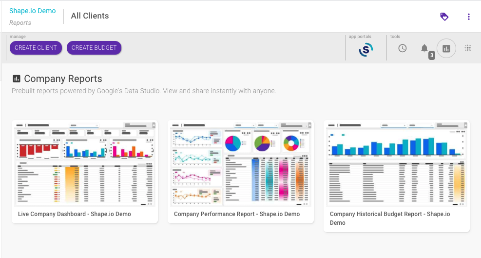 The company-level reports page where Shape users can access agency-wide performance reports