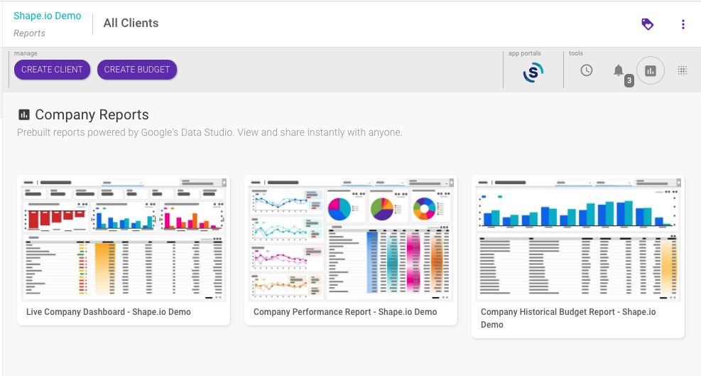 The company-level reports page where Shape users can access the Live PPC Agency Dashboard