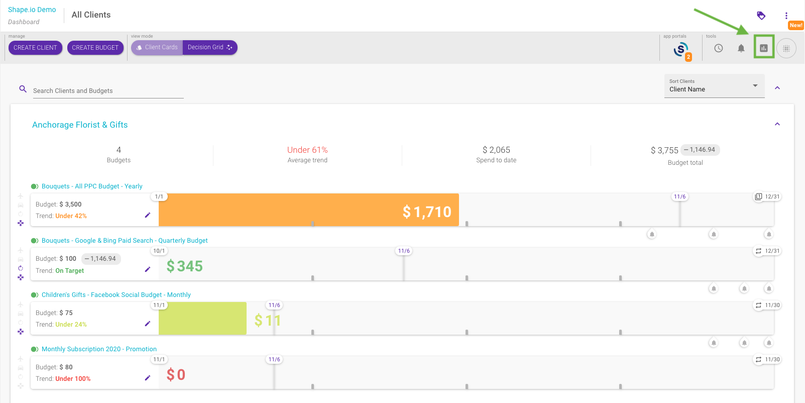 Highlights the reports icon to click in the Shape interface to access in-platform PPC reports