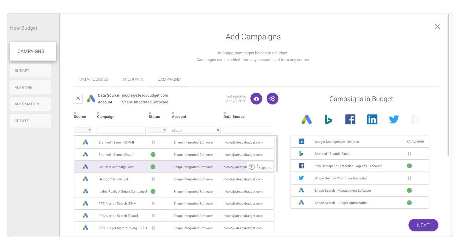 Customer using Shape interface to group campaigns into custom combinations across PPC ad networks