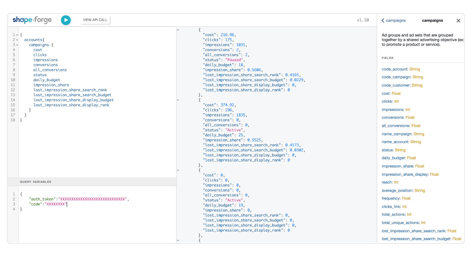 Submit queries and view actual data from our PPC API using Shape's query builder, Forge