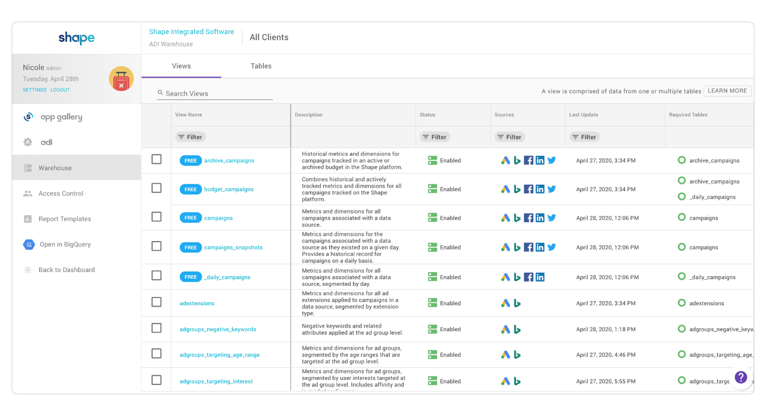 Shape platform showing available data warehouse views and tables