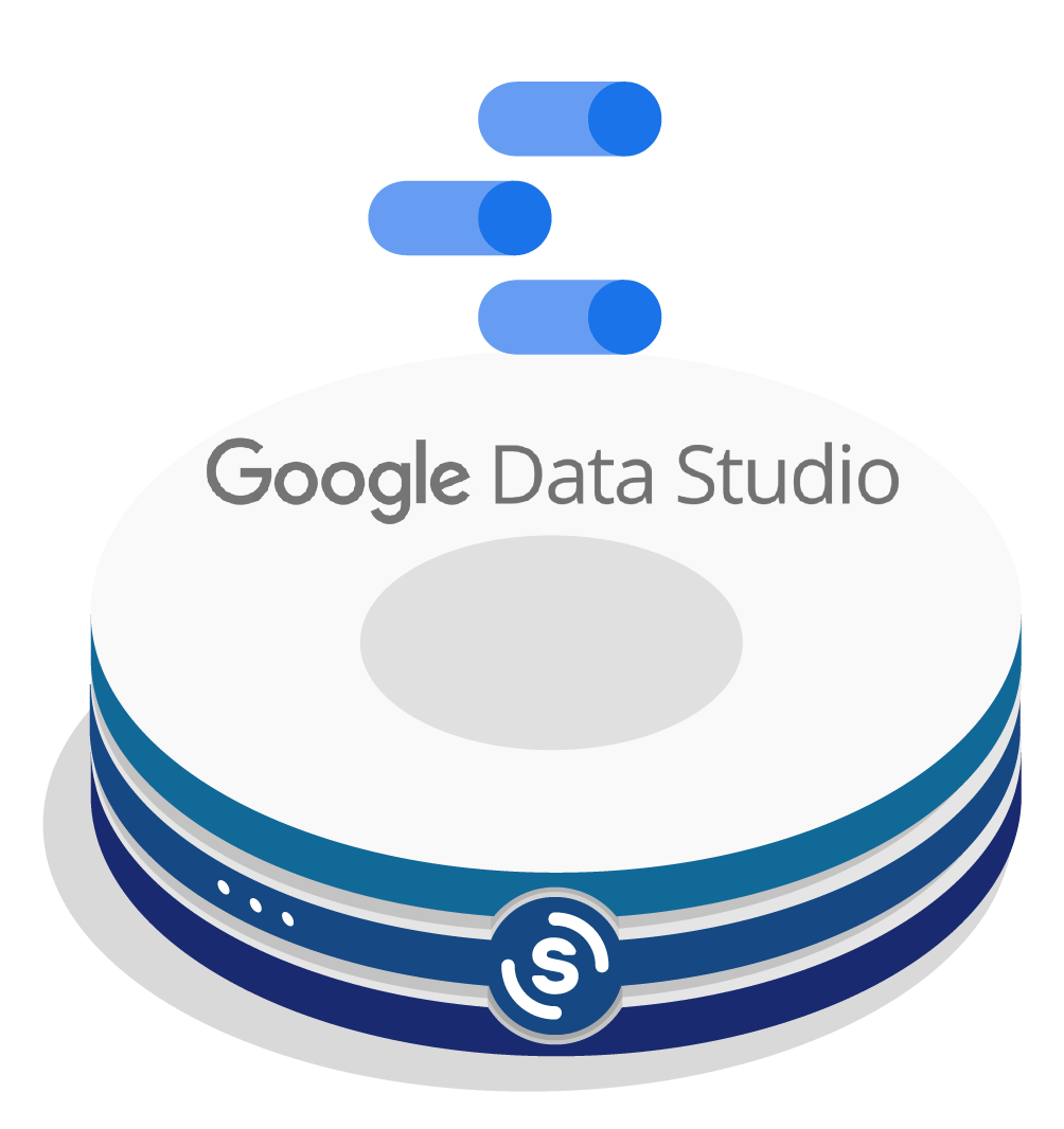 Google Data Studio logo hovering over Shape Advertising Data Warehouse logo